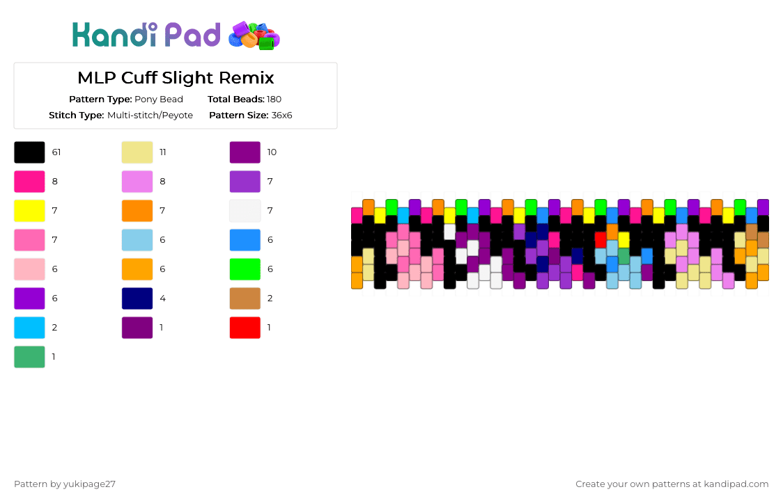 MLP Cuff Slight Remix - Pony Bead Pattern by yukipage27 on Kandi Pad - purple,pink,yellow,orange