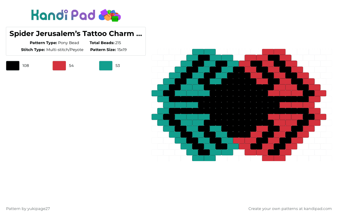 Spider Jerusalem’s Tattoo Charm (Transmetropolitan) - Pony Bead Pattern by yukipage27 on Kandi Pad - teal,red,cotddystopian,transmetropolitan,transmet,spider jerusalem,i hate it here,comic book,tattoo,spider