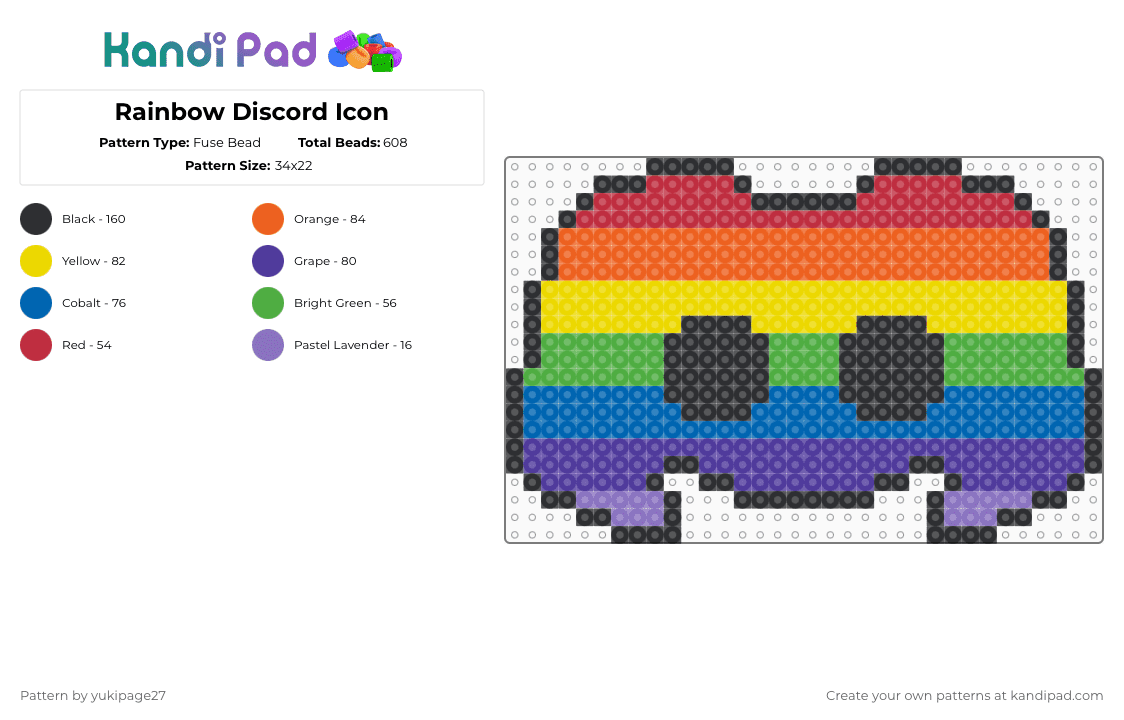 Rainbow Discord Icon - Fuse Bead Pattern by yukipage27 on Kandi Pad - orange,yellow,blue,purple,cotdicons,icon,logo,discord,discord app,social media,colorful,rainbow