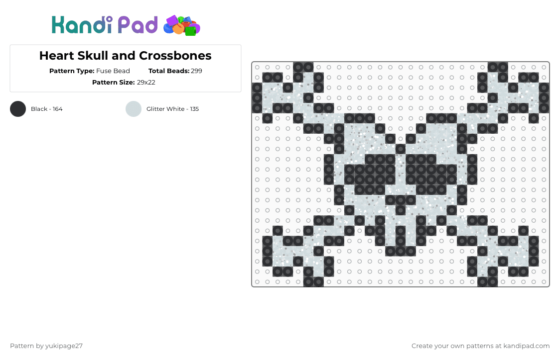 Glitter Heart Skull and Crossbones - Fuse Bead Pattern by yukipage27 on Kandi Pad - black,white,cotdhearts,heart,skull,bones,skull and crossbones,pirates