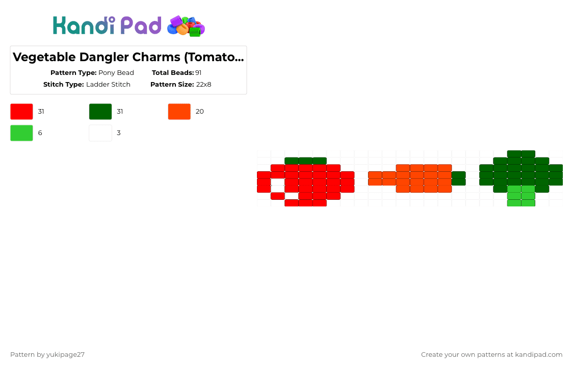 Vegetable Dangler Charms (Tomato, Carrot, Broccoli) - Pony Bead Pattern by yukipage27 on Kandi Pad - red,green,cotdkitchen,vegetables,veggies,carrot,tomato,broccoli,food