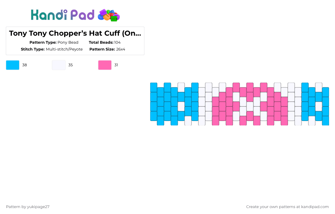 Tony Tony Chopper’s Hat Cuff (One Piece) - Pony Bead Pattern by yukipage27 on Kandi Pad - pink,light blue,one piece,tony tony chopper,anime,character,op,cartoon,blue