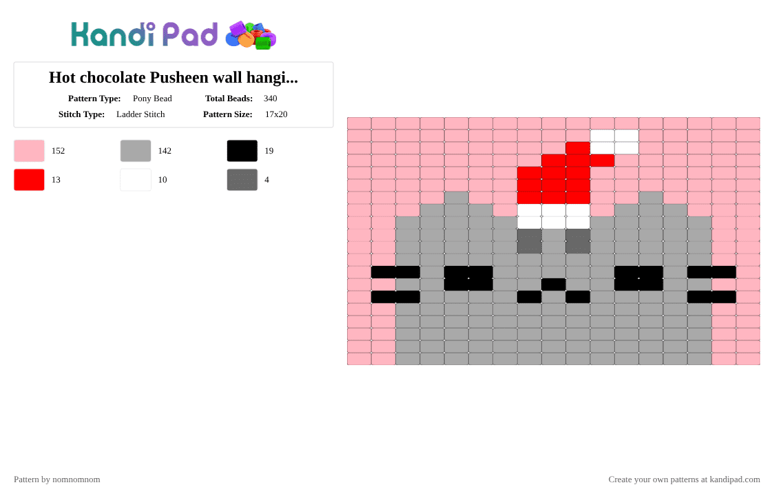 Hot chocolate Pusheen wall hanging :3 - Pony Bead Pattern by nomnomnom on Kandi Pad - beige,pink,pusheen,wall,hanging