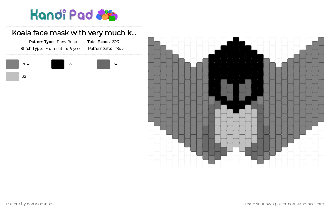 Koala face mask with very much koalaness - Pony Bead Pattern by nomnomnom on Kandi Pad - gray,koala,cotdkoalas