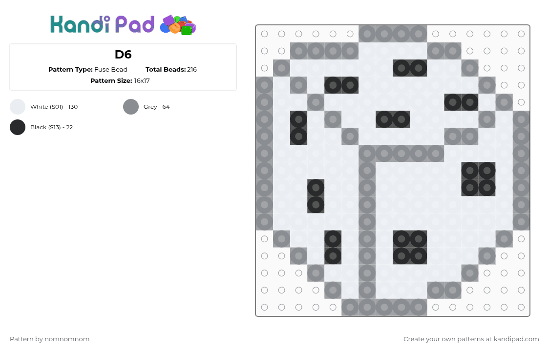 D6 - Fuse Bead Pattern by nomnomnom on Kandi Pad - gray,white,cotdchance