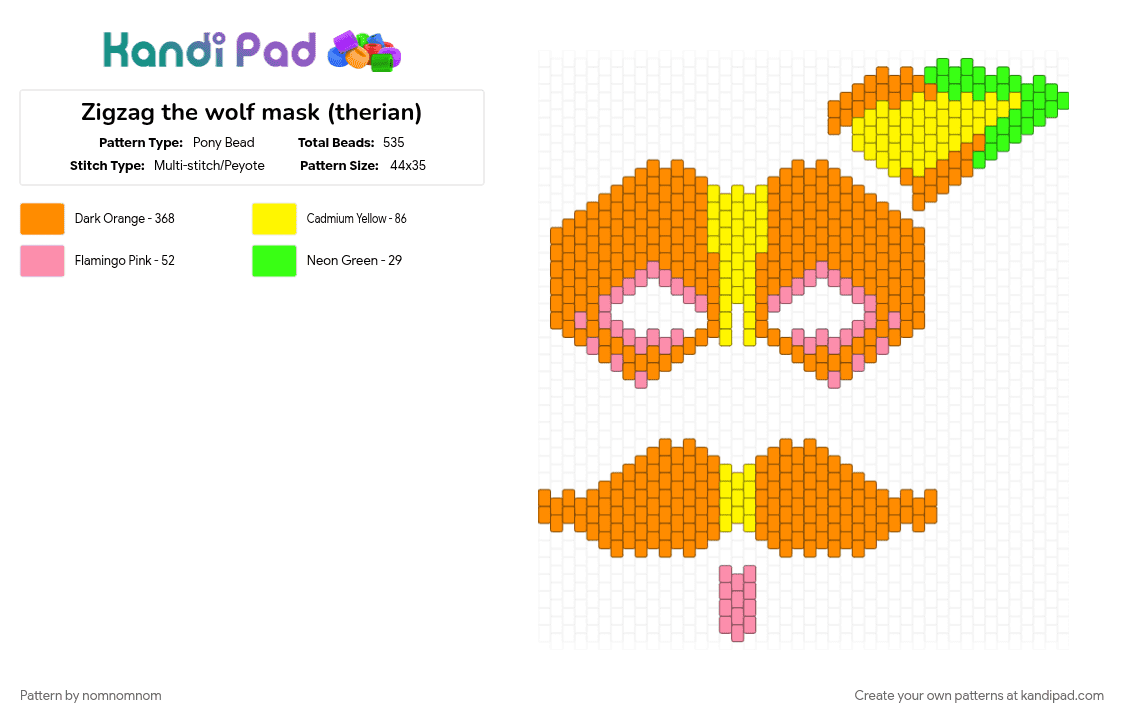 Zigzag the wolf mask (therian) - Pony Bead Pattern by nomnomnom on Kandi Pad - furry, fursona, mask, orange, therian mask, wolf mask, zigzag