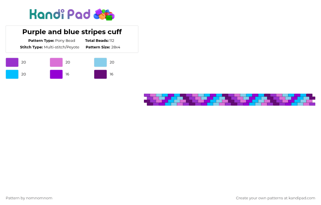 Purple and blue stripes cuff - Pony Bead Pattern by nomnomnom on Kandi Pad - purple,pink,light blue,wow