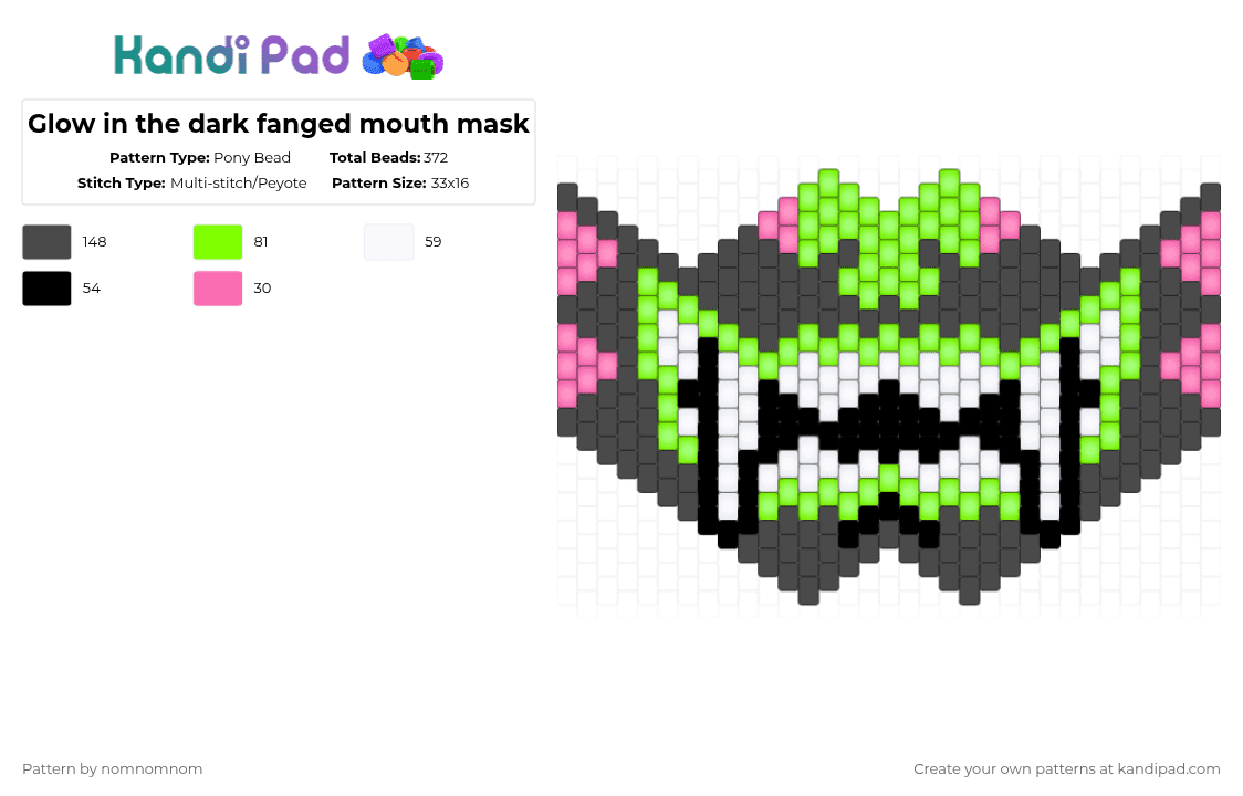 Glow in the dark fanged mouth mask - Pony Bead Pattern by nomnomnom on Kandi Pad - brown,glow in the dark,mouth,fanged,gitd