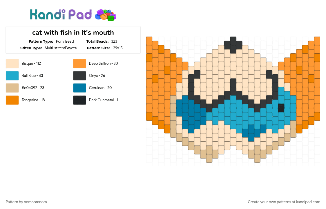 cat with fish in it\'s mouth - Pony Bead Pattern by nomnomnom on Kandi Pad - beige, blue fish, cat, cotdseafood, fish, mask, orange, orange cat, seafood