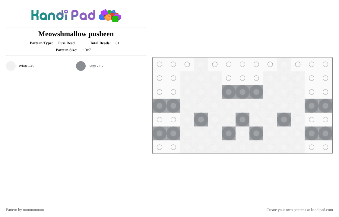 Meowshmallow pusheen - Fuse Bead Pattern by nomnomnom on Kandi Pad - white,gray,pusheen,cat