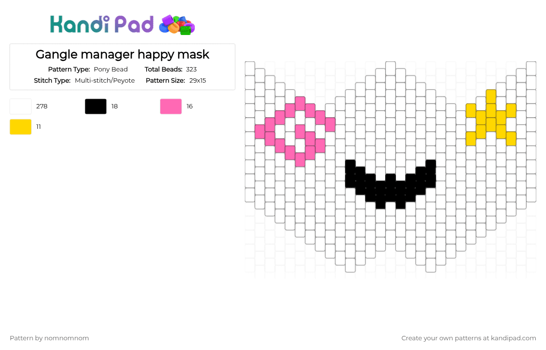 Gangle manager happy mask - Pony Bead Pattern by nomnomnom on Kandi Pad - white,pink,yellow,tadc,gangle,happy mask,the amazing digital circus