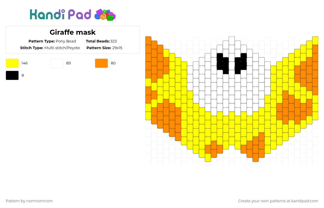 Giraffe mask - Pony Bead Pattern by nomnomnom on Kandi Pad - yellow,orange,giraffe