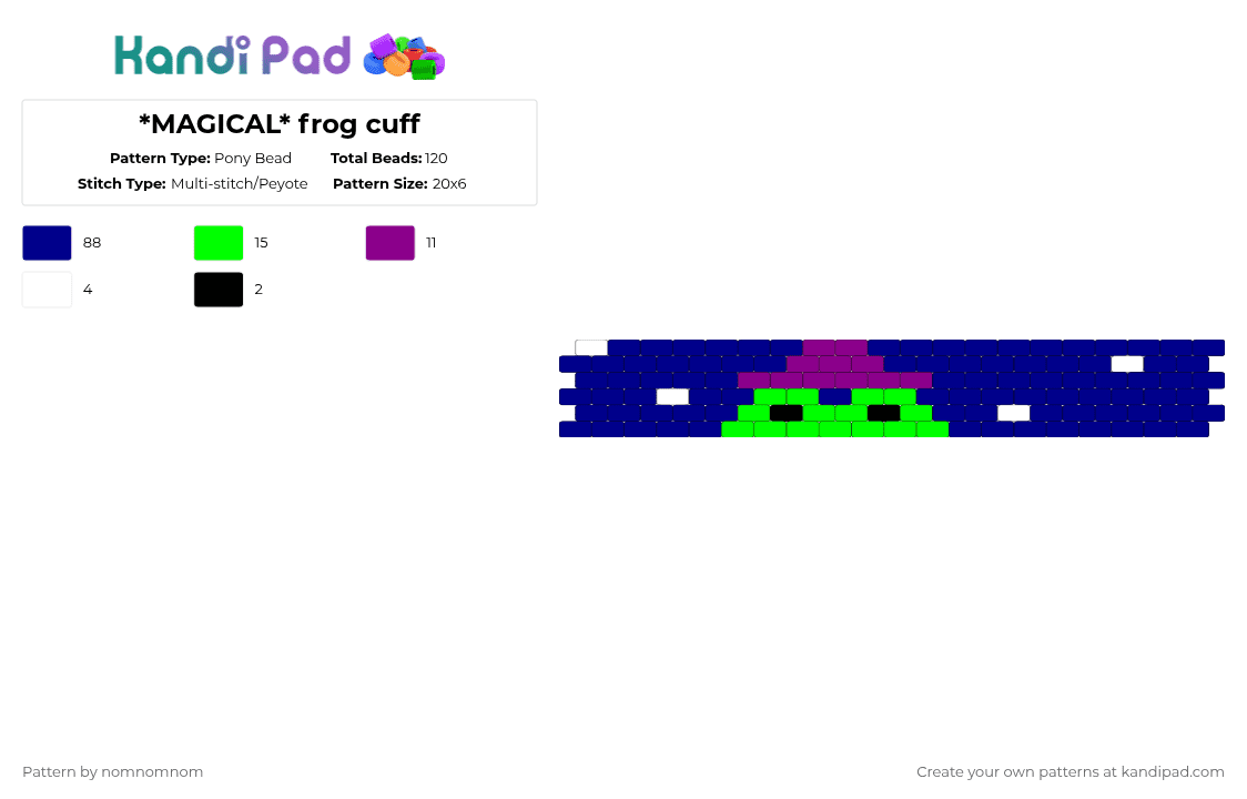 *MAGICAL* frog cuff - Pony Bead Pattern by nomnomnom on Kandi Pad - purple,frog
