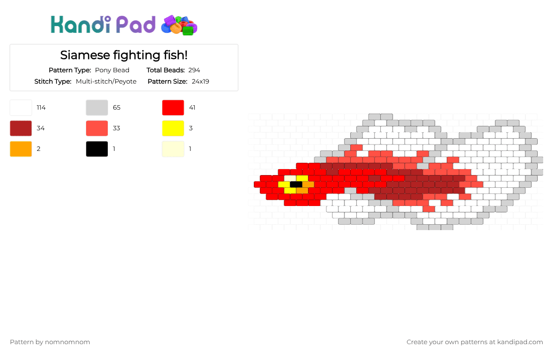 Siamese fighting fish! - Pony Bead Pattern by nomnomnom on Kandi Pad - white,red,fish,siamese