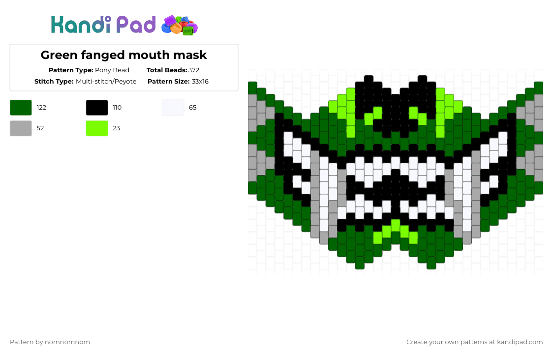 Green fanged mouth mask - Pony Bead Pattern by nomnomnom on Kandi Pad - green,beige,mask,fangs