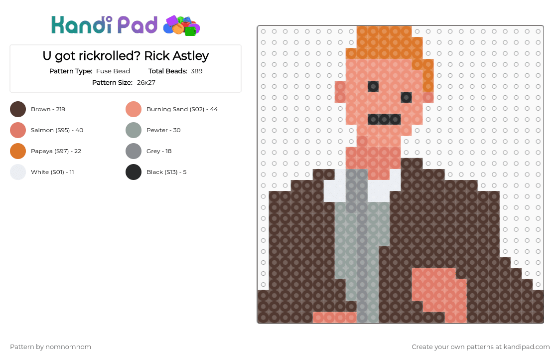 U got rickrolled? Rick Astley - Fuse Bead Pattern by nomnomnom on Kandi Pad - 80s, brown, hilarious, music, never gonna give you up, rick astley, rickroll, song, troll