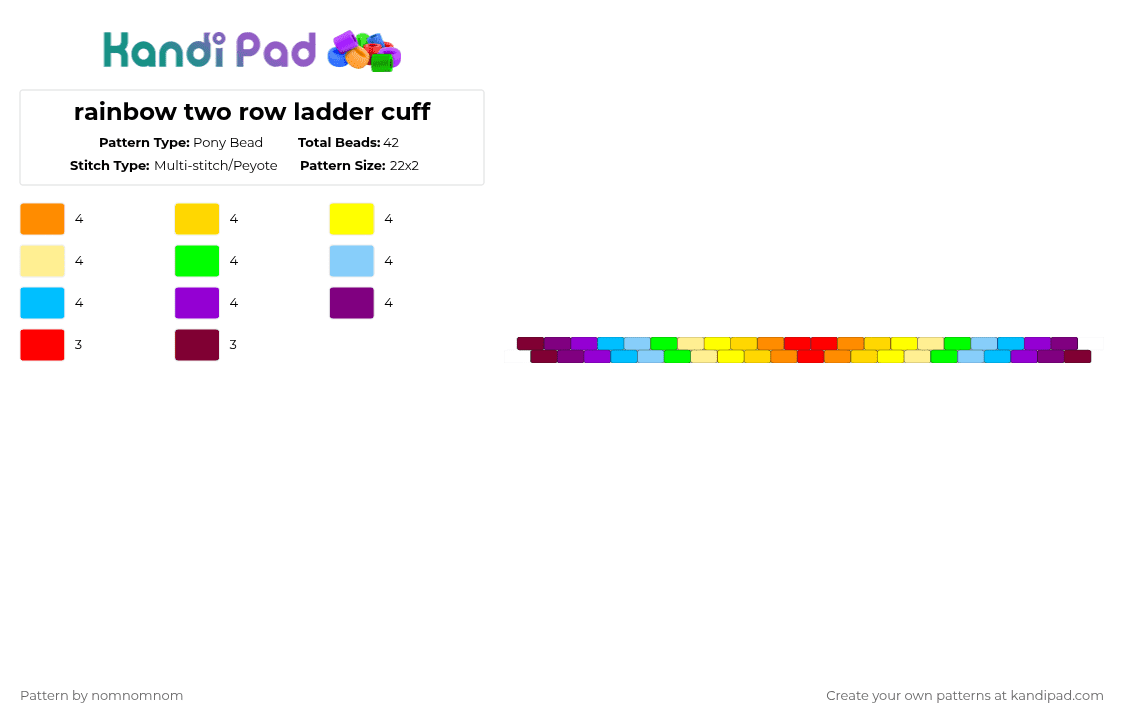 rainbow two row ladder cuff - Pony Bead Pattern by nomnomnom on Kandi Pad - yellow,light blue
