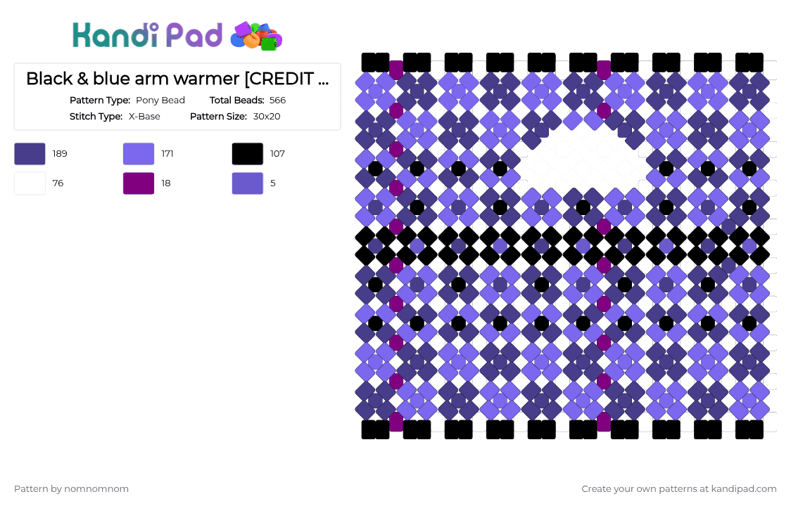 [CREDIT IN DESC] Black & blue arm warmer - Pony Bead Pattern by nomnomnom on Kandi Pad - purple,blue,glove,arm warmer,fingerless,black and blue