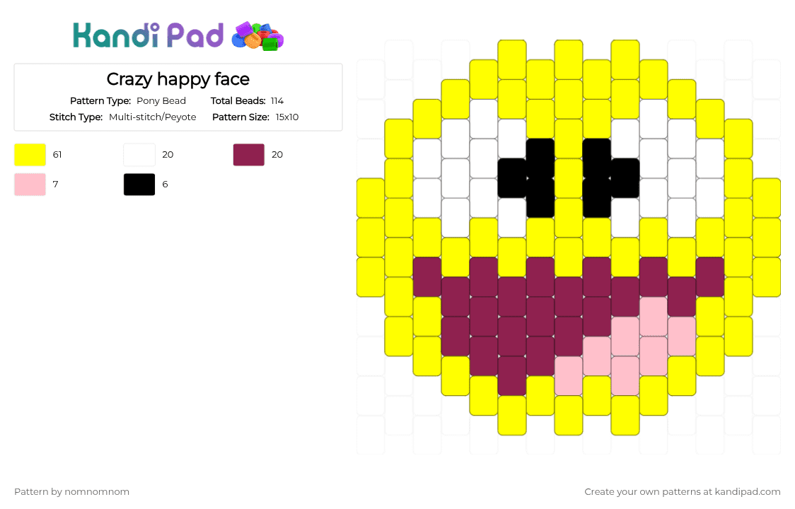 Crazy happy face - Pony Bead Pattern by nomnomnom on Kandi Pad - yellow,pink,happy,face,emoji