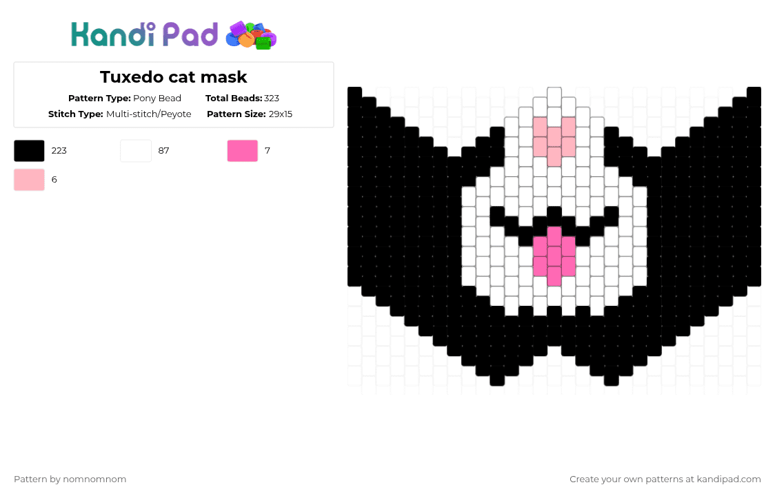 Tuxedo cat mask - Pony Bead Pattern by nomnomnom on Kandi Pad - black,white,cat,mask