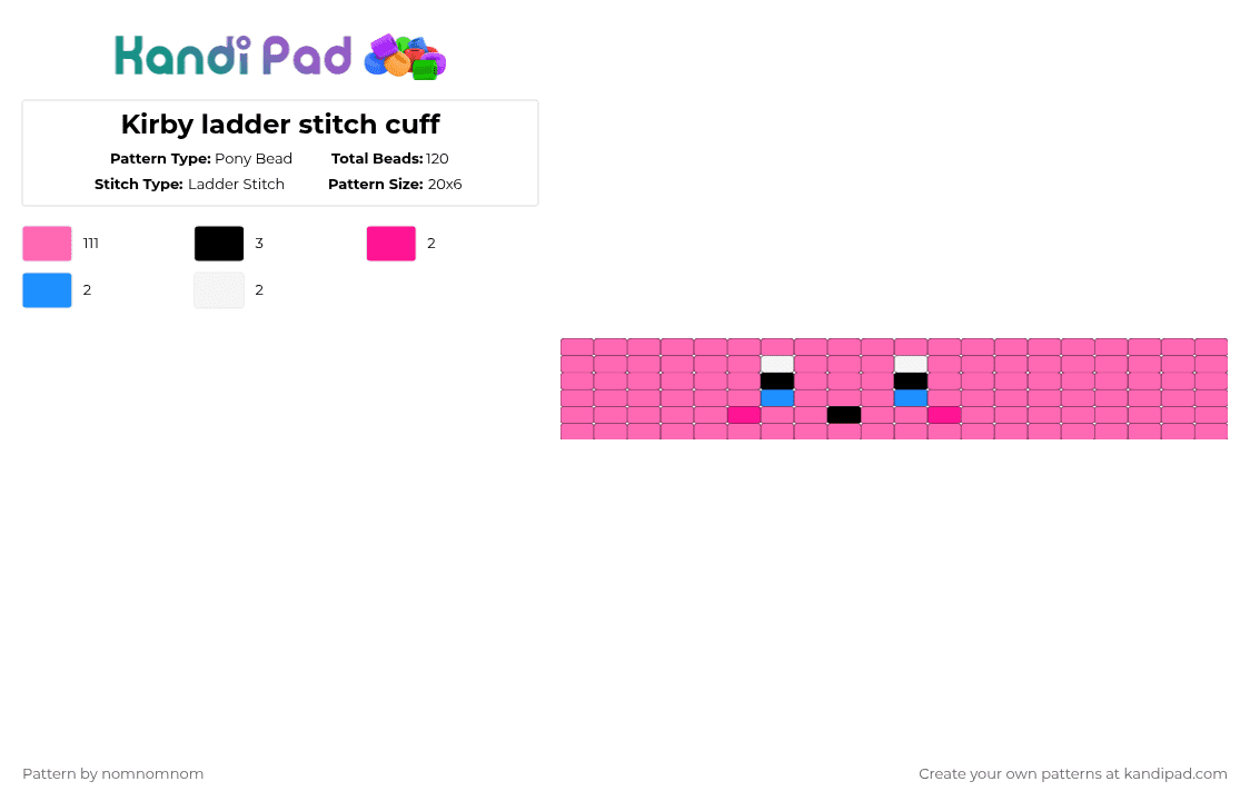 Kirby ladder stitch cuff - Pony Bead Pattern by nomnomnom on Kandi Pad - pink,kirby