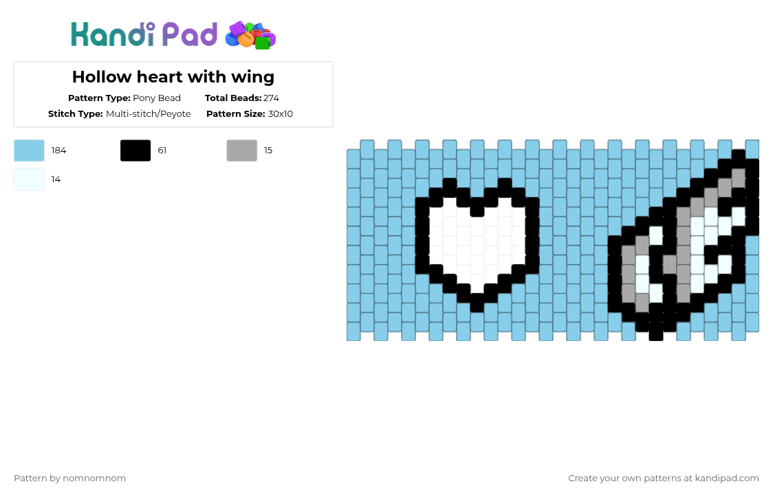 Hollow heart with wing - Pony Bead Pattern by nomnomnom on Kandi Pad - light blue,hermes,wing,hollow heart,cotdhearts