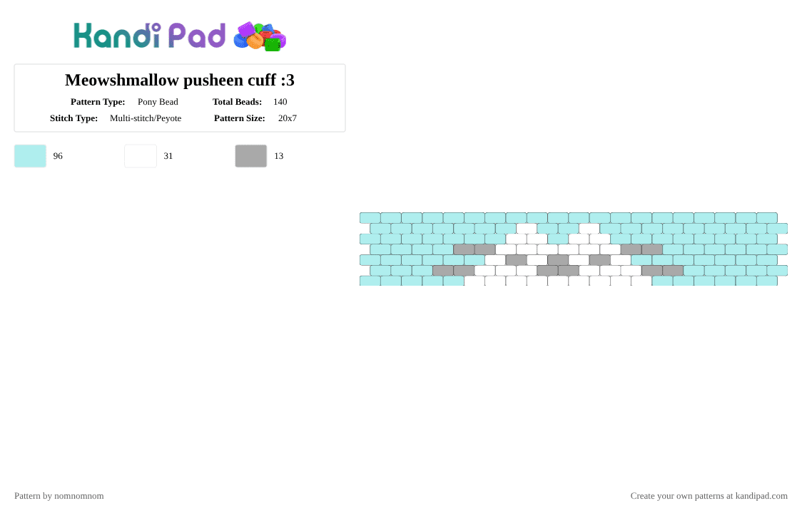 Meowshmallow pusheen cuff :3 - Pony Bead Pattern by nomnomnom on Kandi Pad - light blue,pusheen,cat