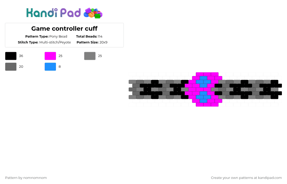 Game controller cuff - Pony Bead Pattern by nomnomnom on Kandi Pad - pink,gray,game controller