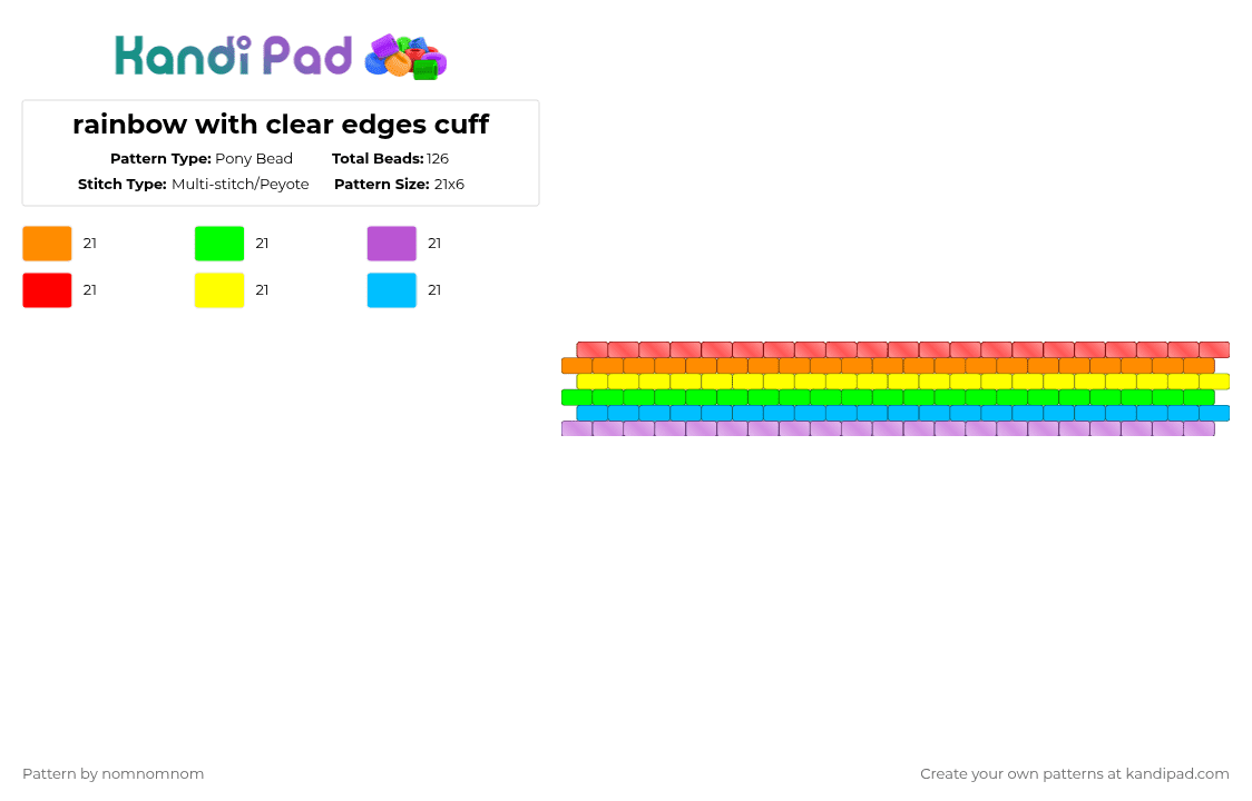 rainbow with clear edges cuff - Pony Bead Pattern by nomnomnom on Kandi Pad - green,red,light blue,colorful