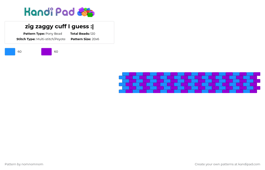zig zaggy cuff I guess :| - Pony Bead Pattern by nomnomnom on Kandi Pad - light blue,purple,yum yum yum