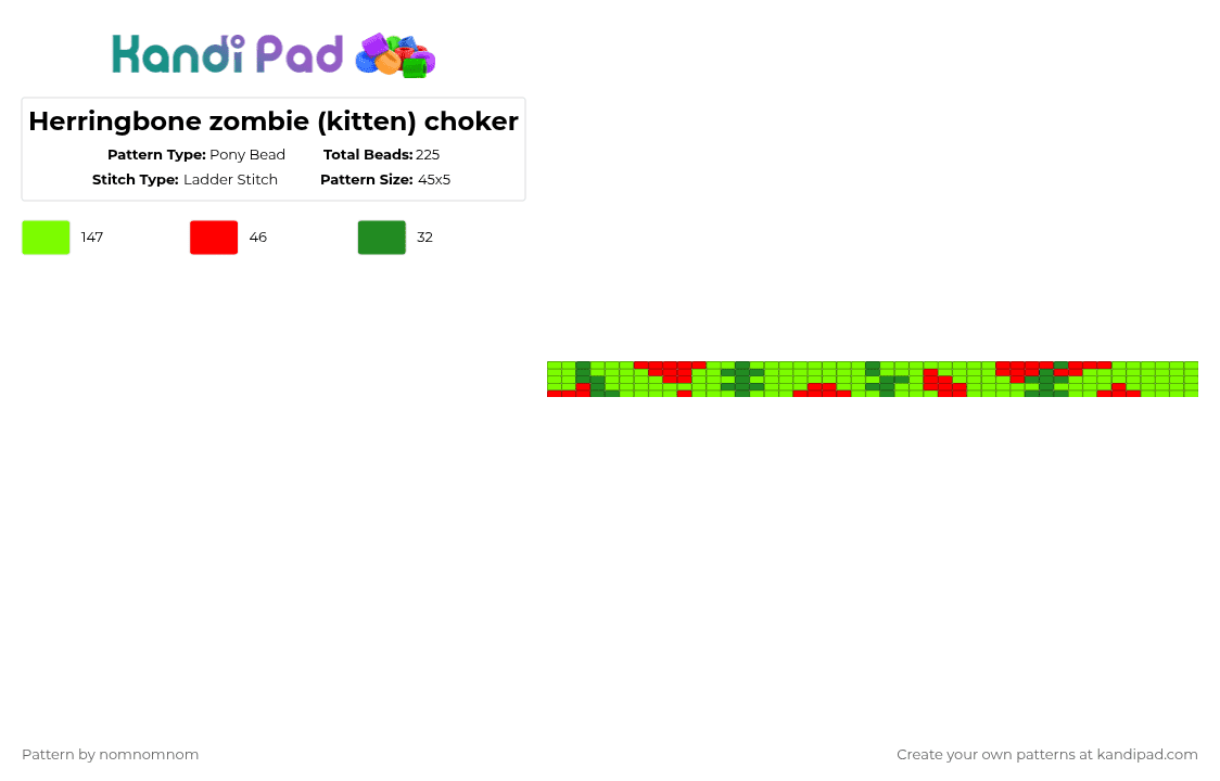 Herringbone/ladder zombie (kitten) choker - Pony Bead Pattern by nomnomnom on Kandi Pad - green,zombie