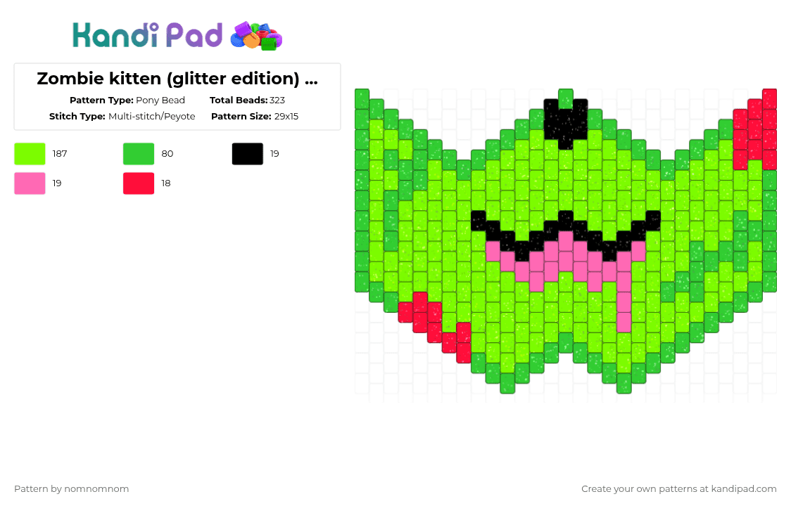 Zombie kitten (glitter edition) mask - Pony Bead Pattern by nomnomnom on Kandi Pad - green,zombie cat