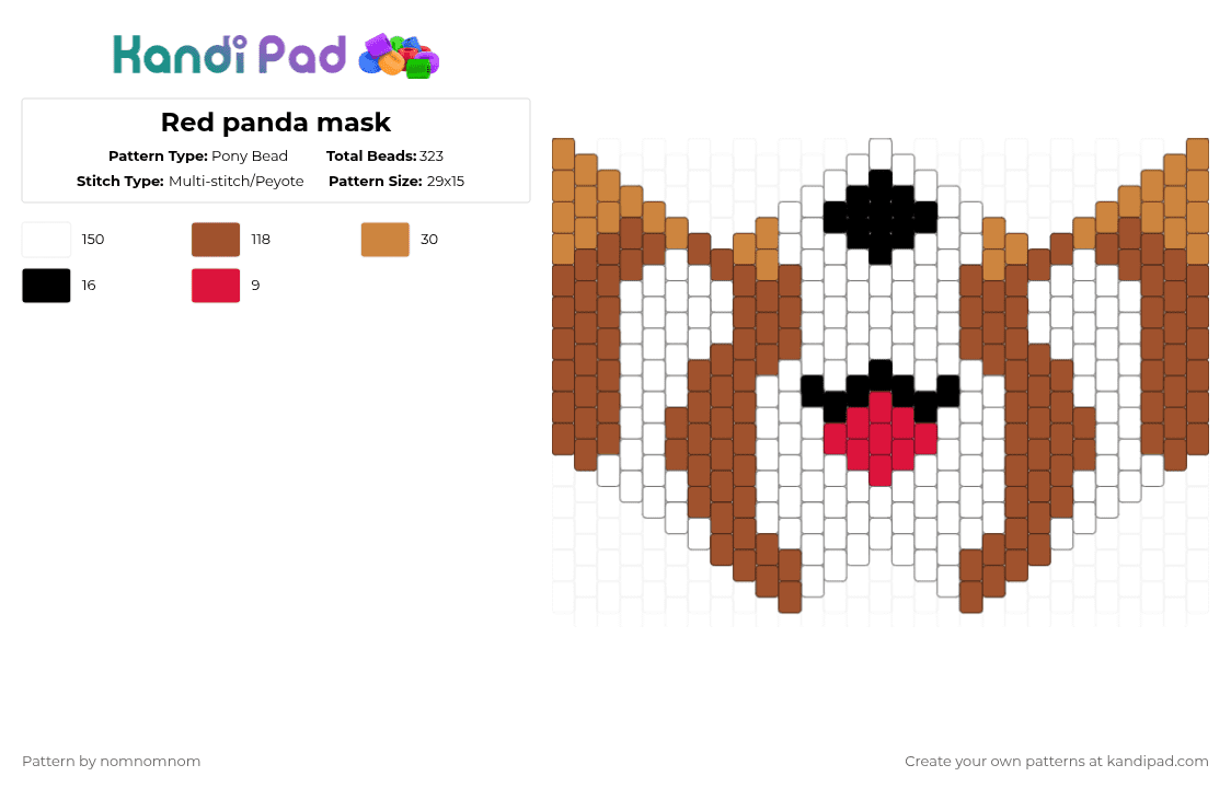 Red panda mask - Pony Bead Pattern by nomnomnom on Kandi Pad - red,cotdcuteanimals,red panda