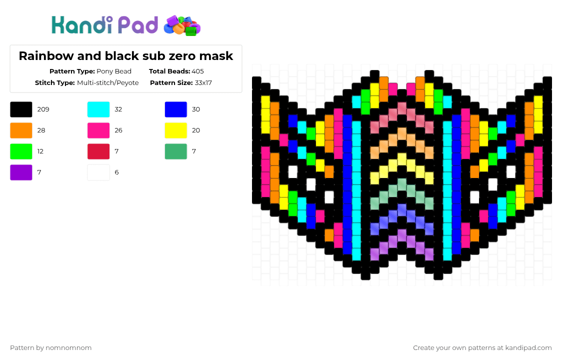Rainbow and black sub zero mask - Pony Bead Pattern by nomnomnom on Kandi Pad - black,orange,light blue,colorful,rainbow,sub zero
