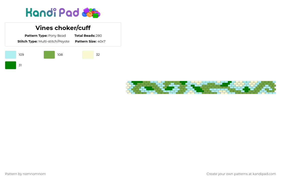 Vines choker/cuff - Pony Bead Pattern by nomnomnom on Kandi Pad - green,light blue,choker,collar