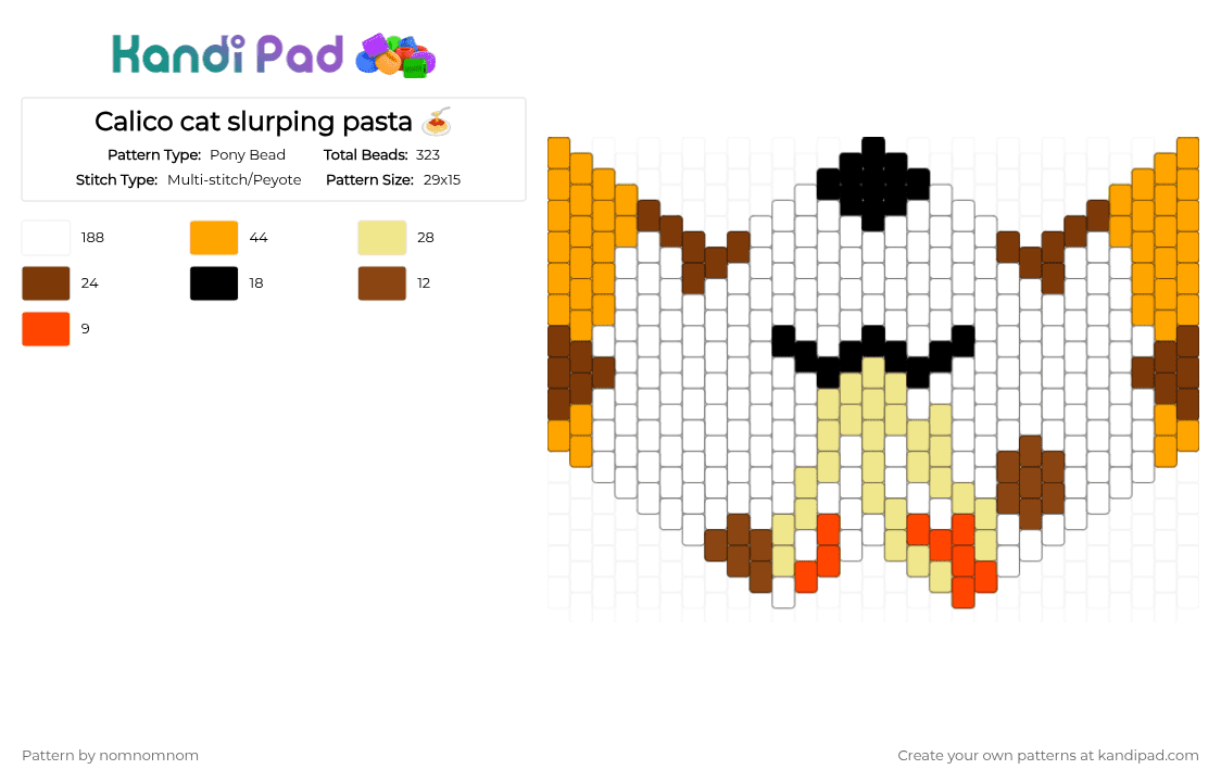 Calico cat slurping pasta 🍝 - Pony Bead Pattern by nomnomnom on Kandi Pad - white,orange,yellow,pasta,spaghetti,cat,food,eating