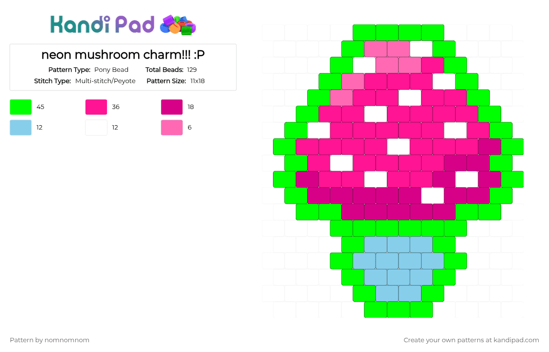 neon mushroom charm!!! :P - Pony Bead Pattern by nomnomnom on Kandi Pad - green,pink,mushroom,neon,charm