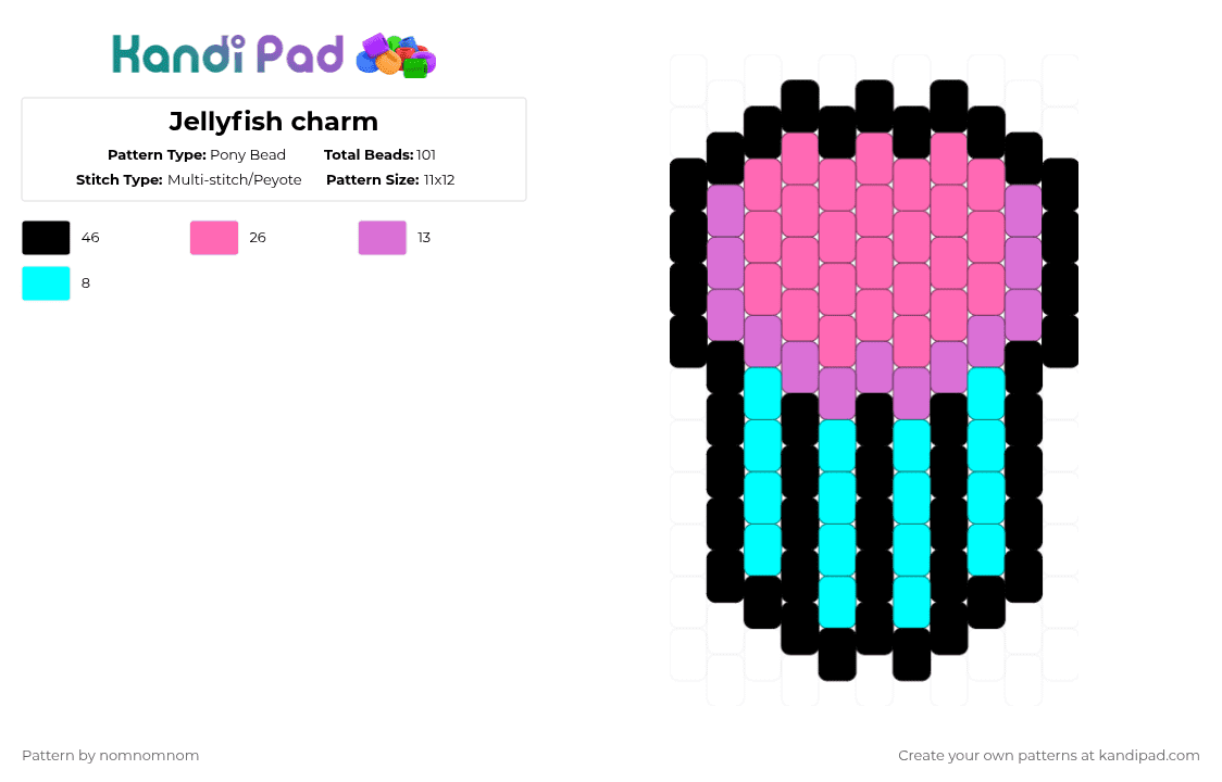 Jellyfish charm - Pony Bead Pattern by nomnomnom on Kandi Pad - pink,light blue,jellyfish