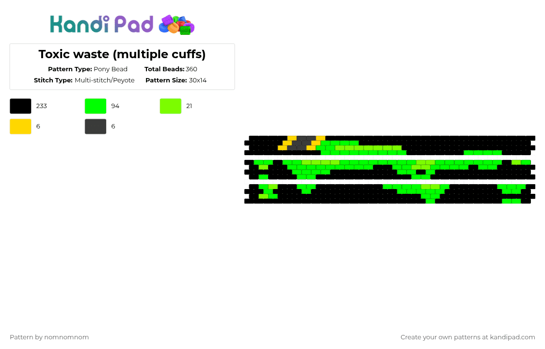 Toxic waste (multiple cuffs) - Pony Bead Pattern by nomnomnom on Kandi Pad - black,green,toxic waste