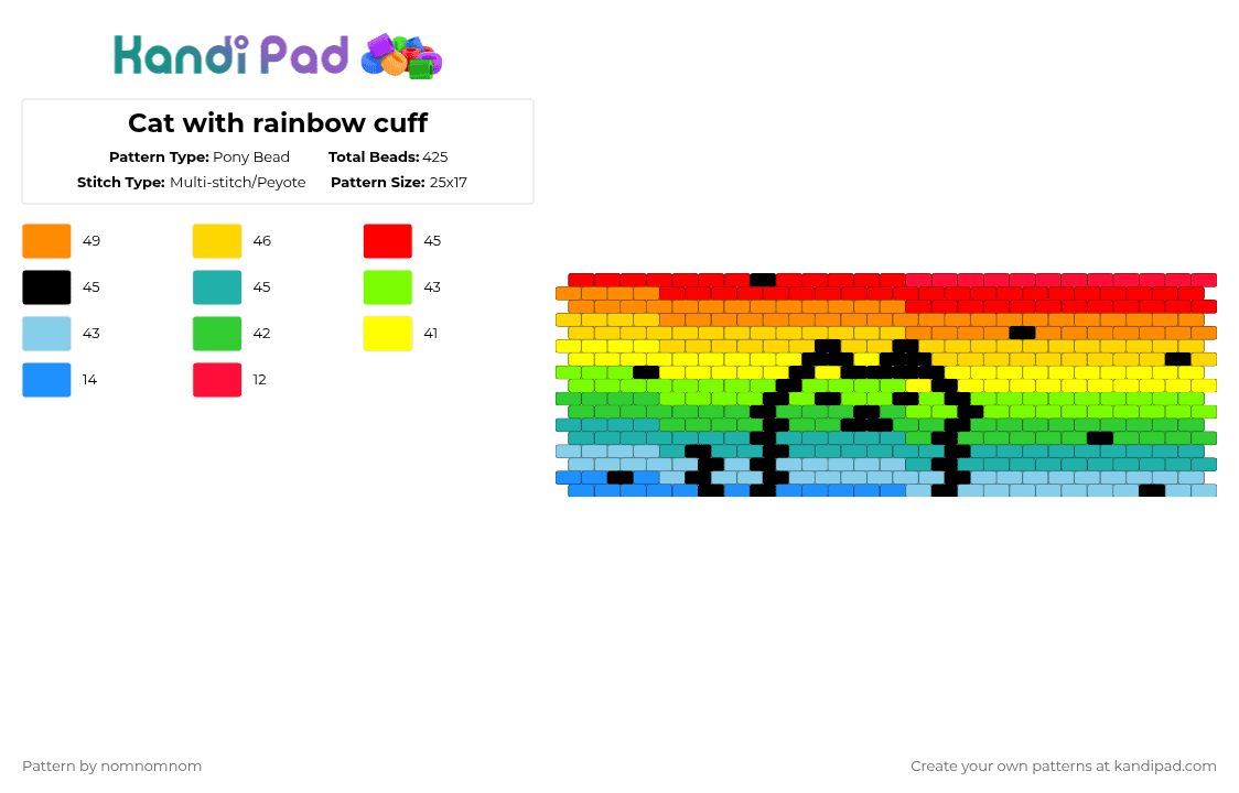 Cat with rainbow cuff - Pony Bead Pattern by nomnomnom on Kandi Pad - yellow,green,rainbow,cat