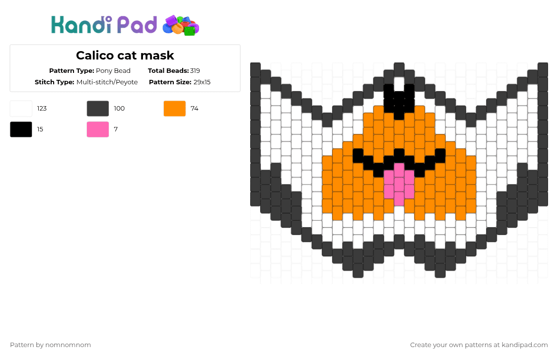Calico cat mask - Pony Bead Pattern by nomnomnom on Kandi Pad - white,orange,cat,mask