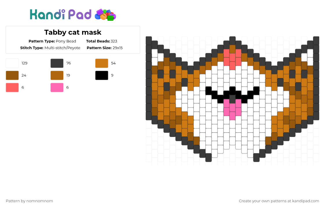 Tabby cat mask - Pony Bead Pattern by nomnomnom on Kandi Pad - white,orange,tan,cat,mask