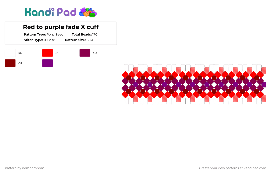 Red to purple fade X cuff - Pony Bead Pattern by nomnomnom on Kandi Pad - red,pink,x cuff,x