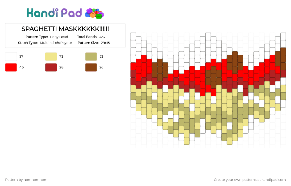 SPAGHETTI MASKKKKKK!!!!!! - Pony Bead Pattern by nomnomnom on Kandi Pad - red,yellow,pasta,spaghetti,meatballs
