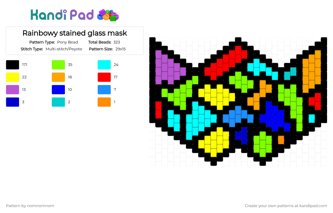 Rainbowy stained glass mask - Pony Bead Pattern by nomnomnom on Kandi Pad - black,green,light blue,yellow,cotdstainedglass,glass,colorful