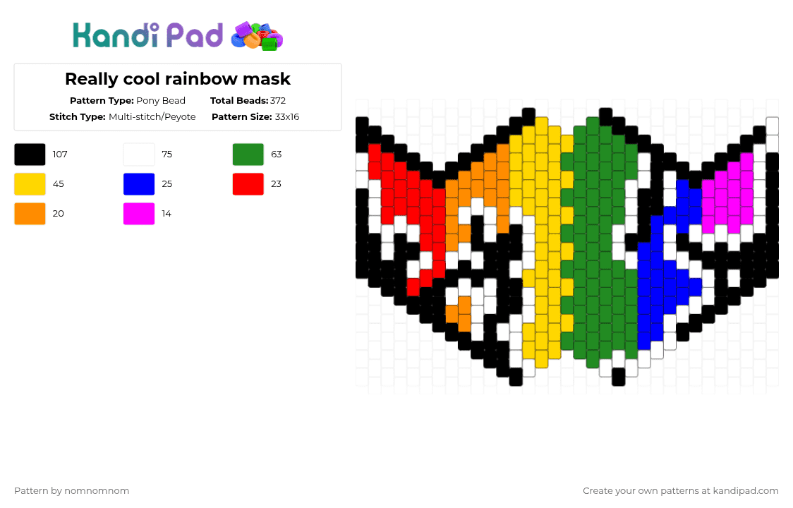 Really cool rainbow mask - Pony Bead Pattern by nomnomnom on Kandi Pad - yellow,green,rainbow,mask,super cool,cool,cracked