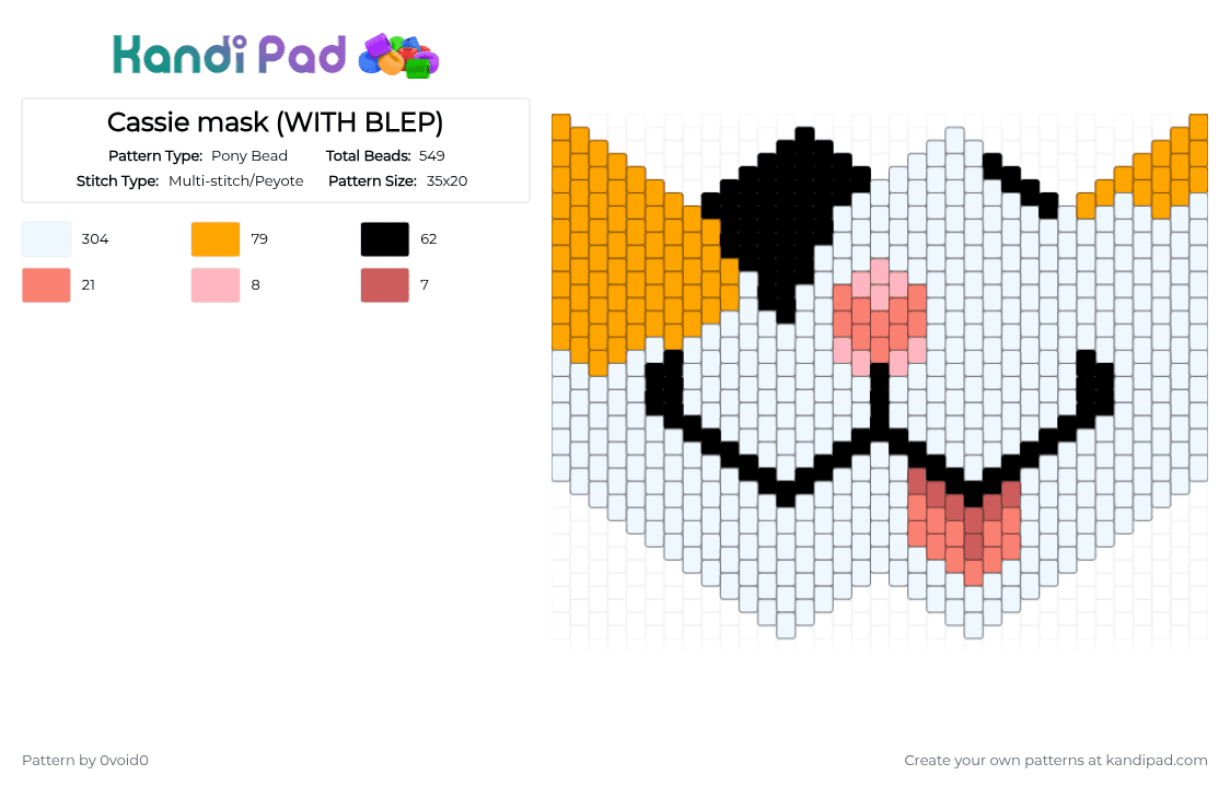 Cassie mask (WITH BLEP) - Pony Bead Pattern by 0void0 on Kandi Pad - white,orange