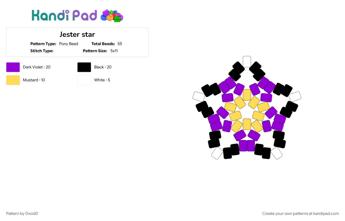 Jester star - Pony Bead Pattern by 0void0 on Kandi Pad - purple, yellow
