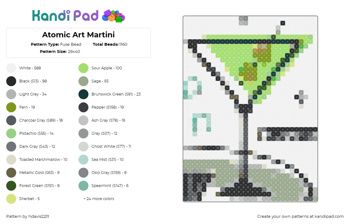 Atomic Art Martini - Fuse Bead Pattern by hdavis2211 on Kandi Pad - martini,cocktail,retro,art,bar,alcohol,sophisticated,mid-century,stylish,chic,gr