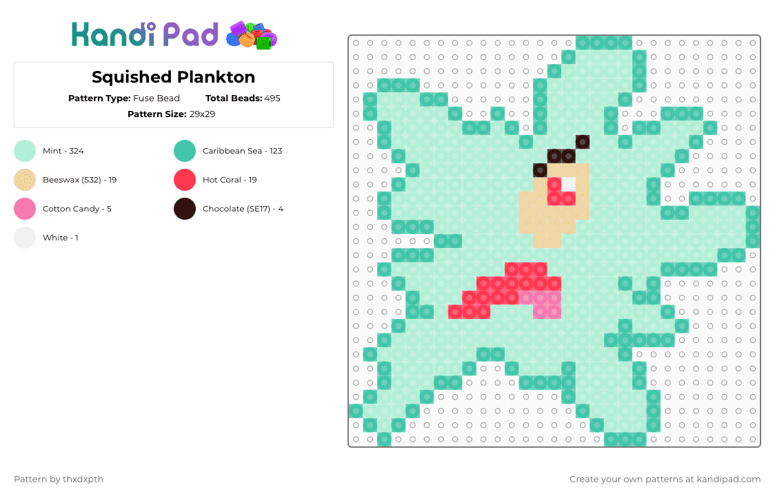 Squished Plankton - Fuse Bead Pattern by thxdxpth on Kandi Pad - plankton,spongebob squarepants,character,nickelodeon,cartoon,teal,light blue